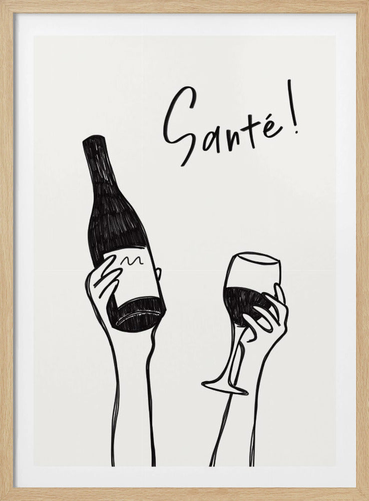 Hands holding a wine bottle and a wine glass with the text "Cheers!" in French | Poster