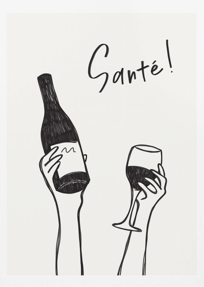 Hands holding a wine bottle and a wine glass with the text "Cheers!" in French | Poster