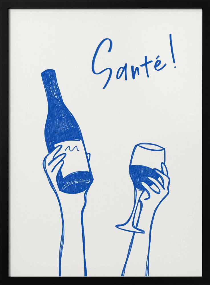 Hände halten eine Weinflasche und ein Weinglas mit dem Text „Prost!“ auf Französisch | Poster