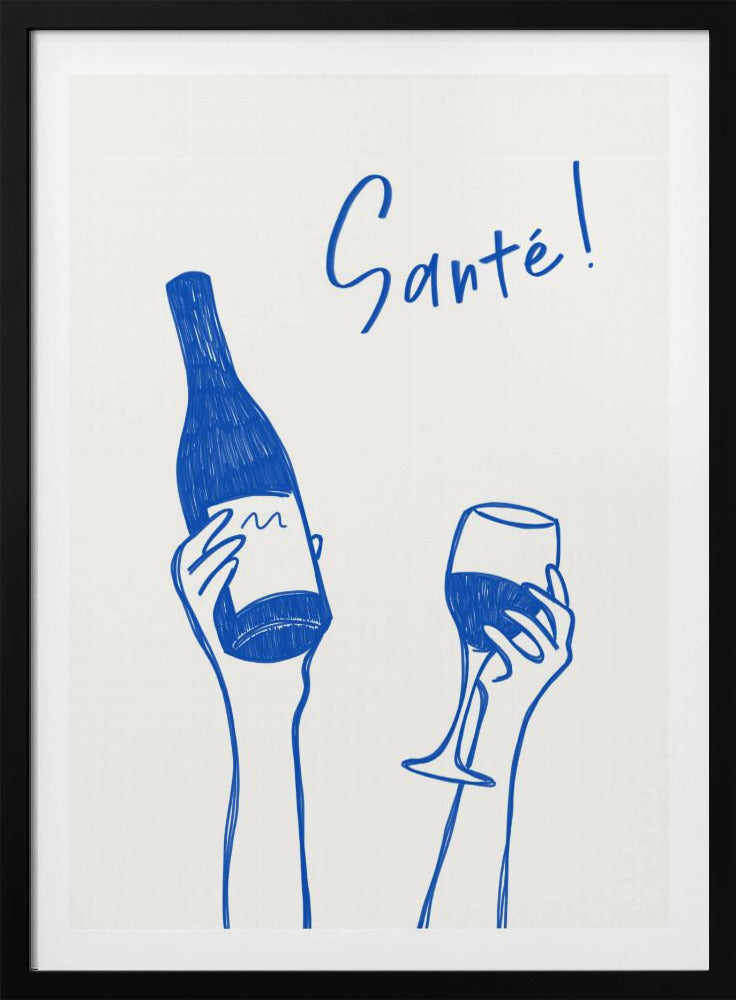 Hände halten eine Weinflasche und ein Weinglas mit dem Text „Prost!“ auf Französisch | Poster