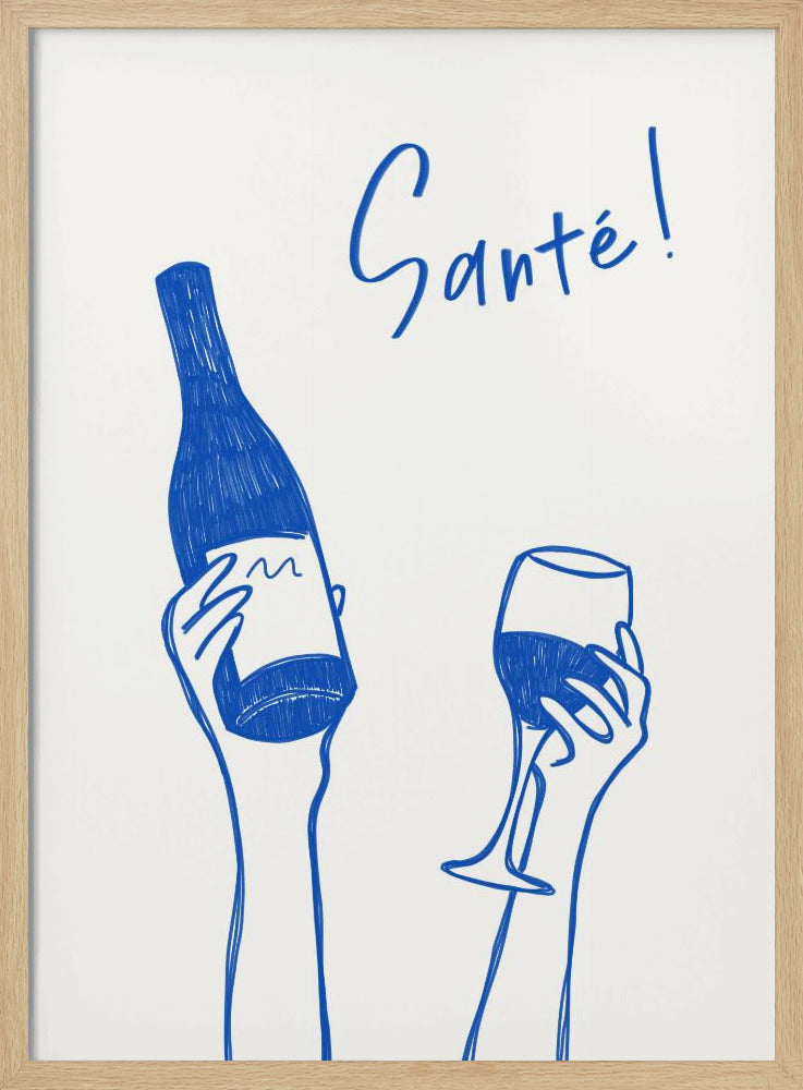 Hände halten eine Weinflasche und ein Weinglas mit dem Text „Prost!“ auf Französisch | Poster