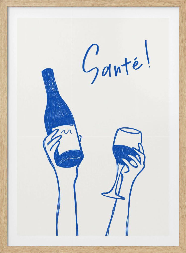 Hände halten eine Weinflasche und ein Weinglas mit dem Text „Prost!“ auf Französisch | Poster