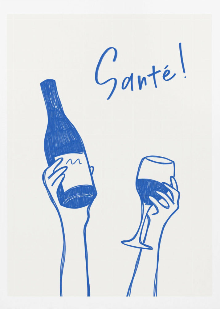 Hände halten eine Weinflasche und ein Weinglas mit dem Text „Prost!“ auf Französisch | Poster