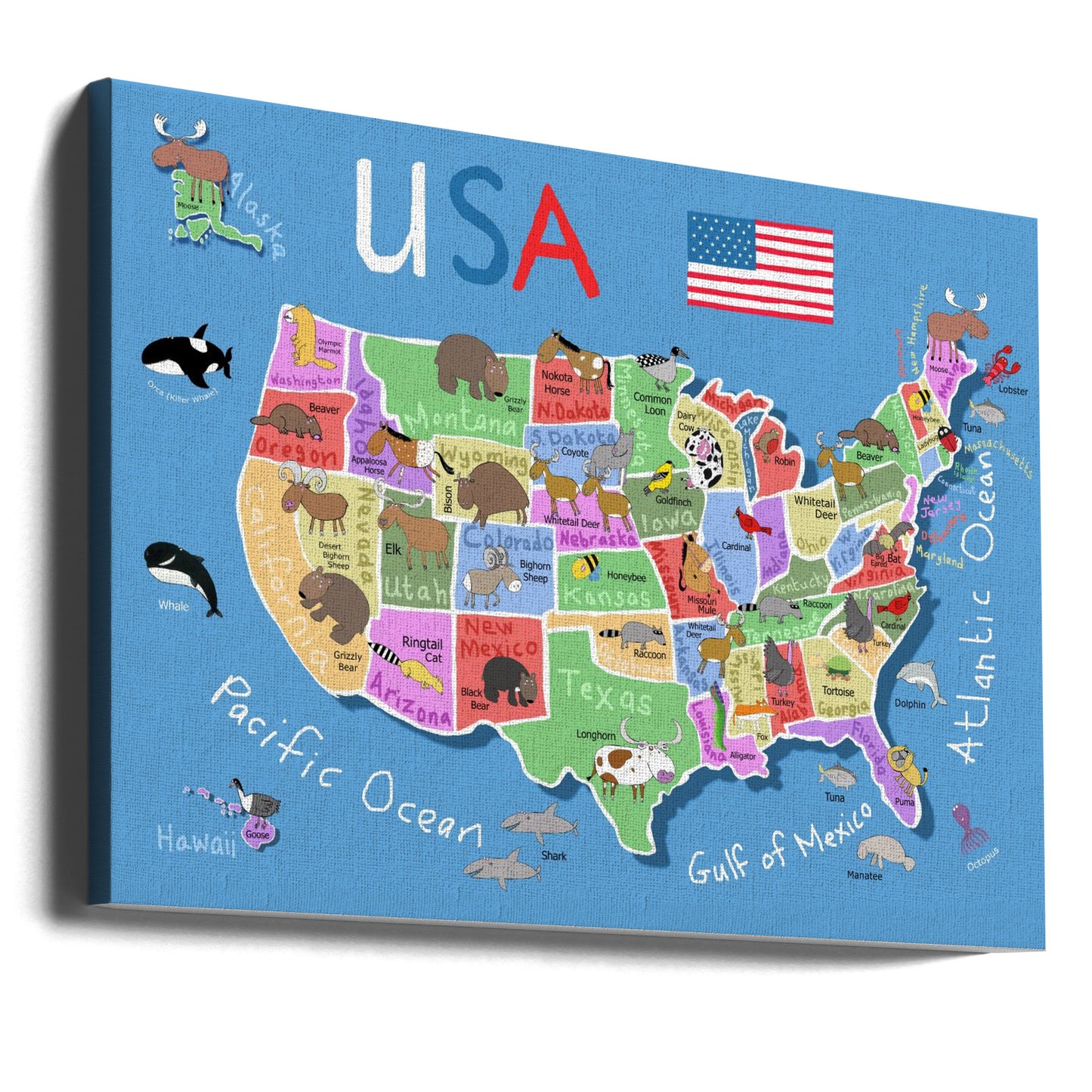 Mappa illustrata degli Stati Uniti d'America di Carla Daly | Stampe su Tela