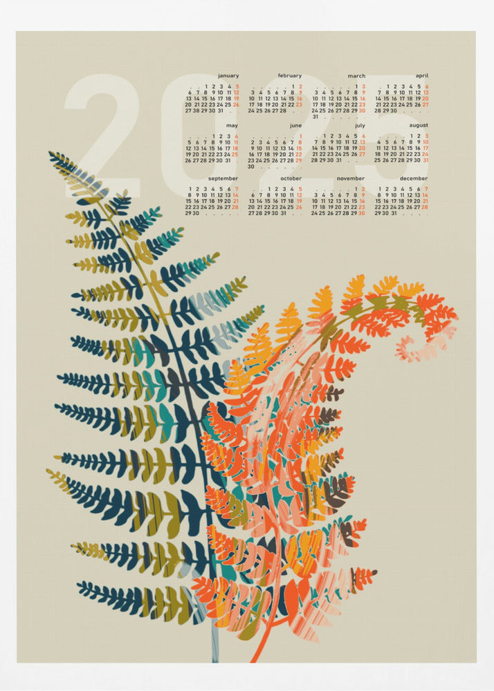 Calendrier 2025 : feuilles de fougère colorées | Affiches