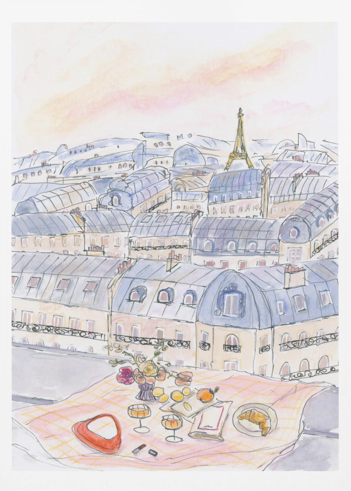 Pique-nique sur un toit parisien avec vue sur la Tour Eiffel | Affiches