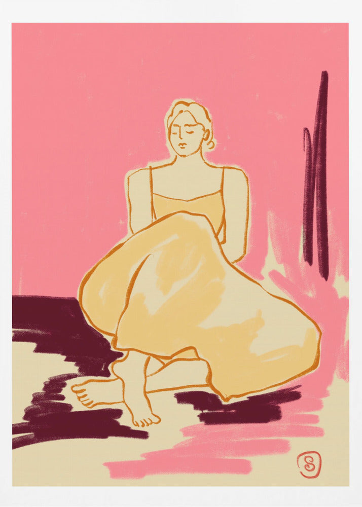 Personnage assis en robe fluide | Affiches