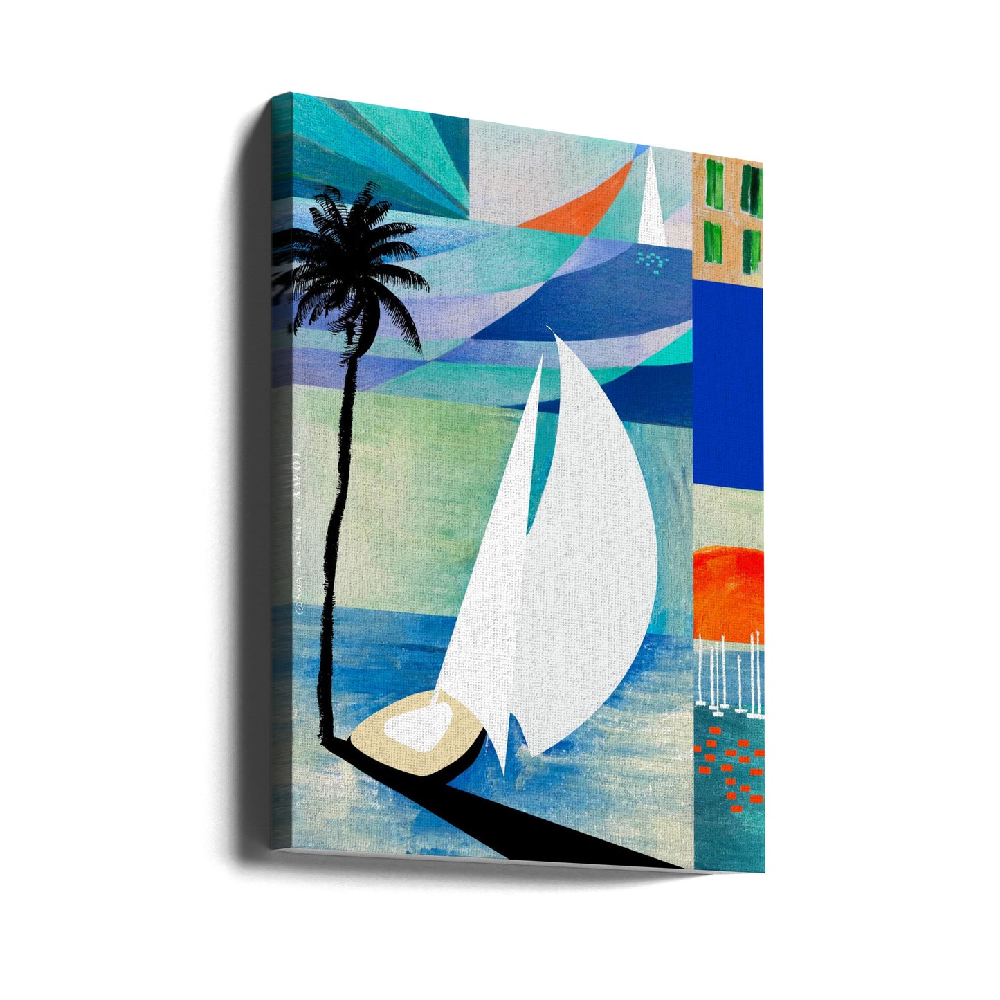 Impression d'art de voyage méditerranéenne colorée avec lever de soleil et palmier | Tableaux sur Toile
