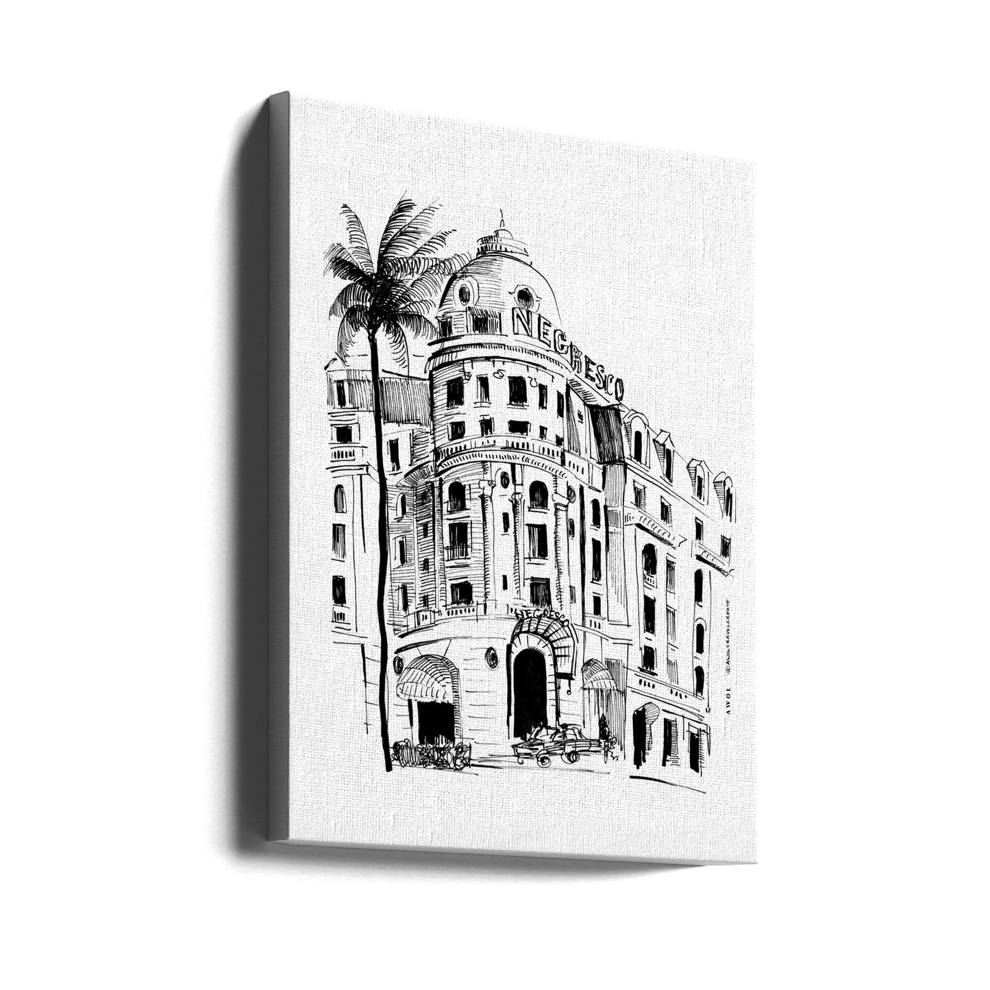 Konsttryck på Nice, Franska Rivieran med arkitektonisk ritning av hotellet Negresco | Canvas