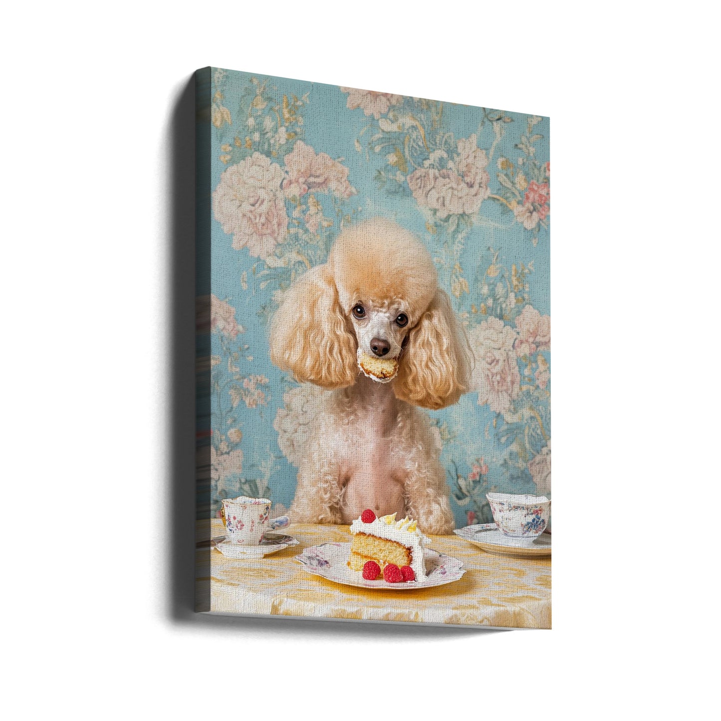 Pudel sitter vid ett vintage tebord | Canvas