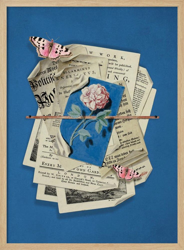 Rosa Rose umgeben von Vintage-Papier | Poster