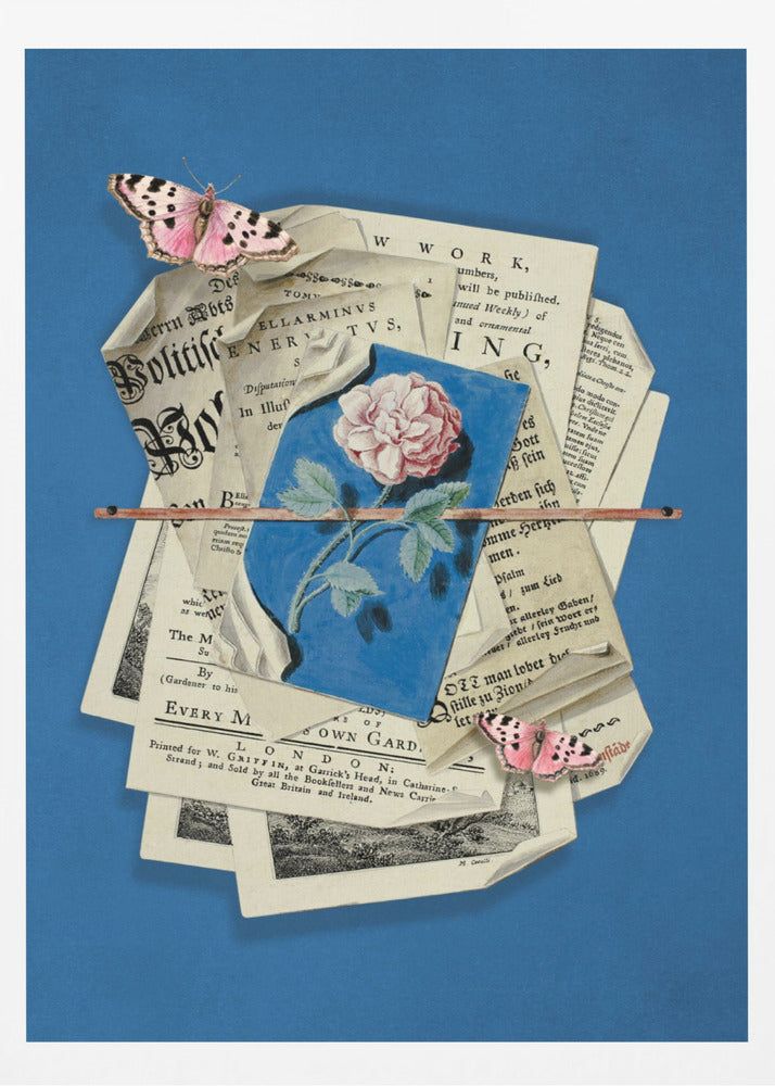 Rosa Rose umgeben von Vintage-Papier | Poster