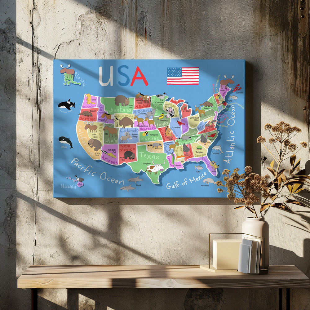 Mappa illustrata degli Stati Uniti d'America di Carla Daly | Stampe su Tela