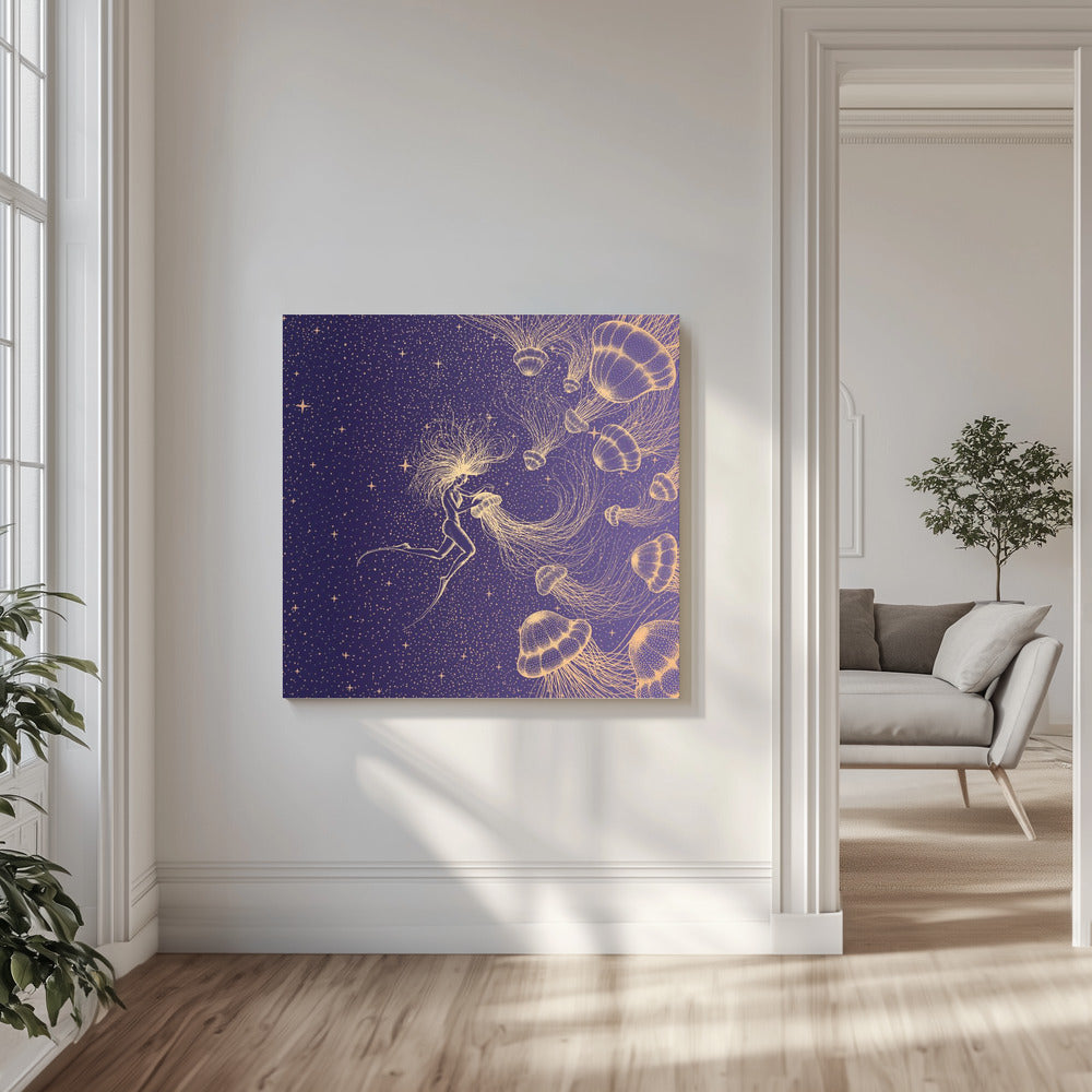 Starry Jellyfish and Diver (golden Lines & Purple Space) | Canvas