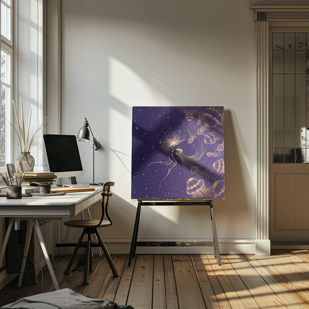 Starry Jellyfish and Diver (golden Lines & Purple Space) | Canvas
