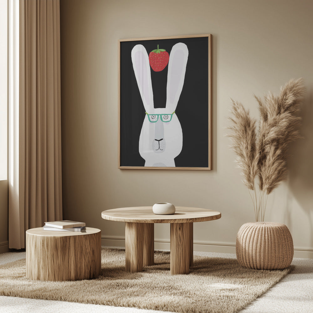 Cute White Rabbit with Strawberry by Artist Carla Daly | Poster