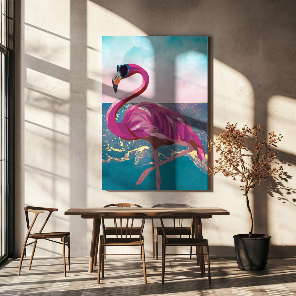 Flamingo goes to the beach | Canvas