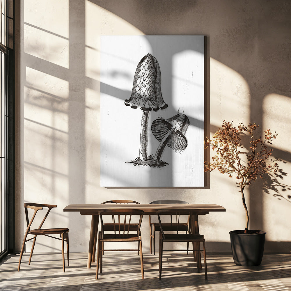 Champignon comestible vintage à chapeau d'encre, noir et blanc lumineux | Toile