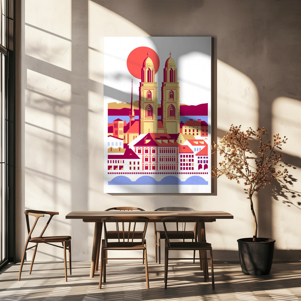 Città di Zurigo, Svizzera, montagne estive svizzere, illustrazione della città, vintage Poster - Stampe d’Arte | Stampe su Tela