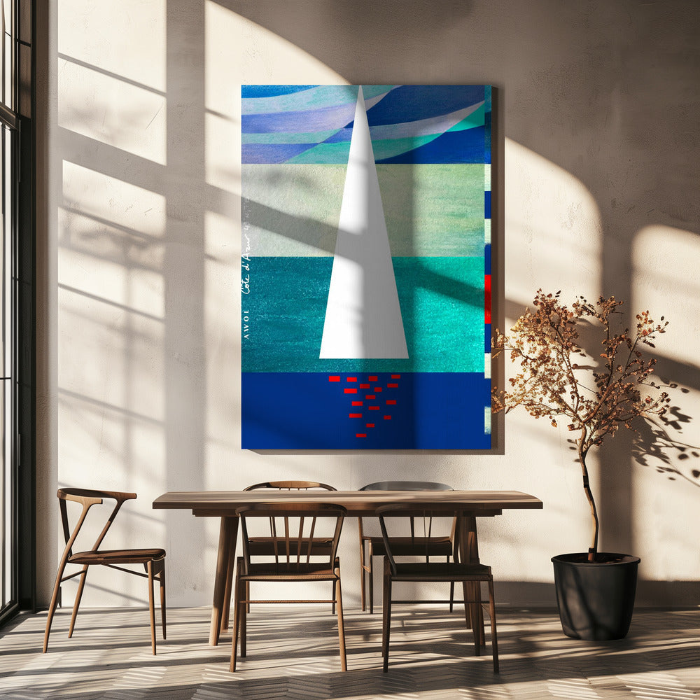 Voilier abstrait sur la Côte d'Azur, impression d'art colorée de la Côte d'Azur | Tableaux sur Toile
