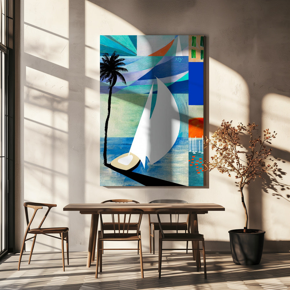 Impression d'art de voyage méditerranéenne colorée avec lever de soleil et palmier | Tableaux sur Toile