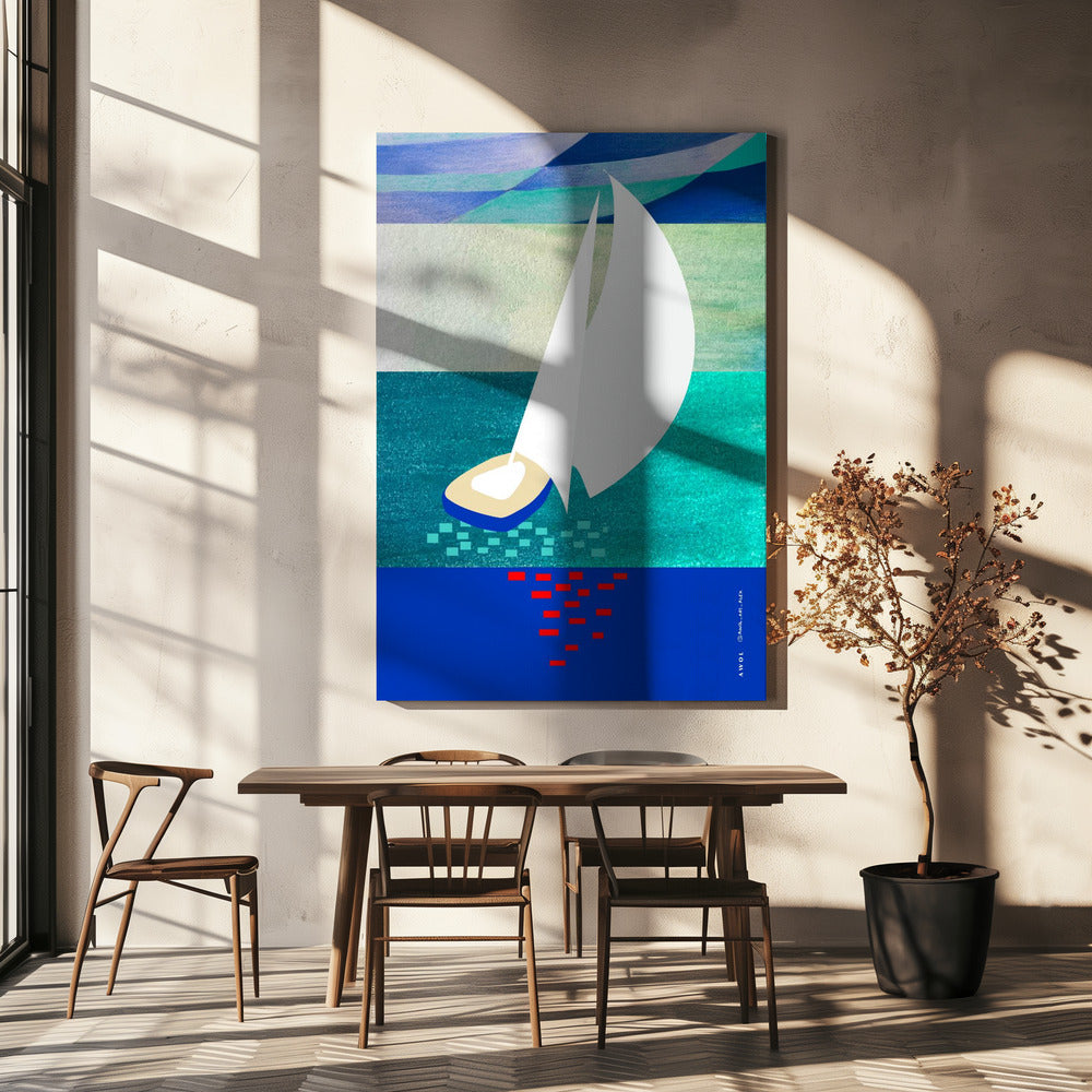 Voilier blanc avec reflets, art marin abstrait avec rayures graphiques | Tableaux sur Toile