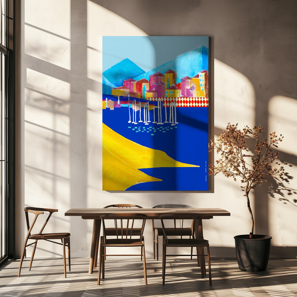 Ville portuaire colorée entre montagne et mer | Tableaux sur Toile