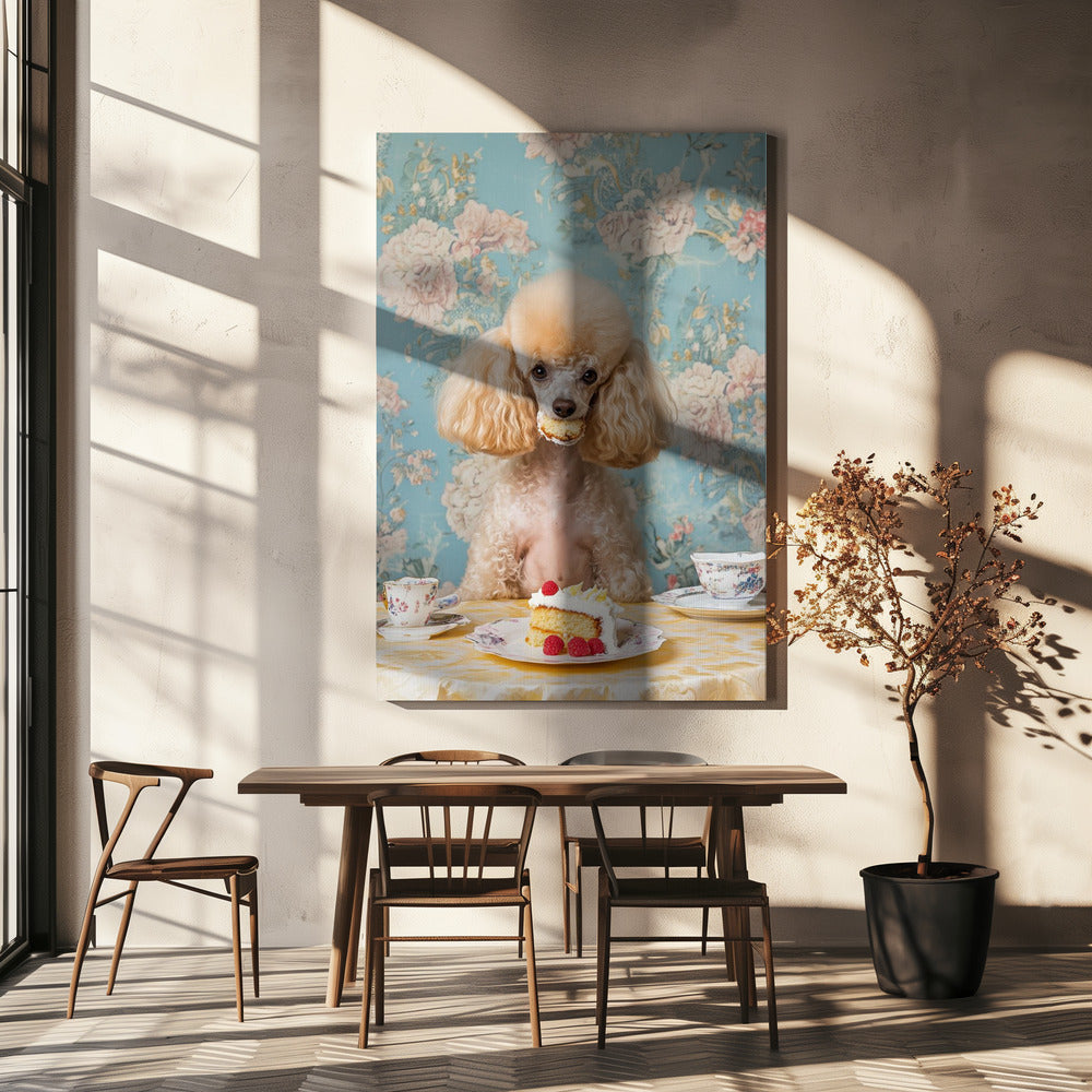 Pudel sitter vid ett vintage tebord | Canvas