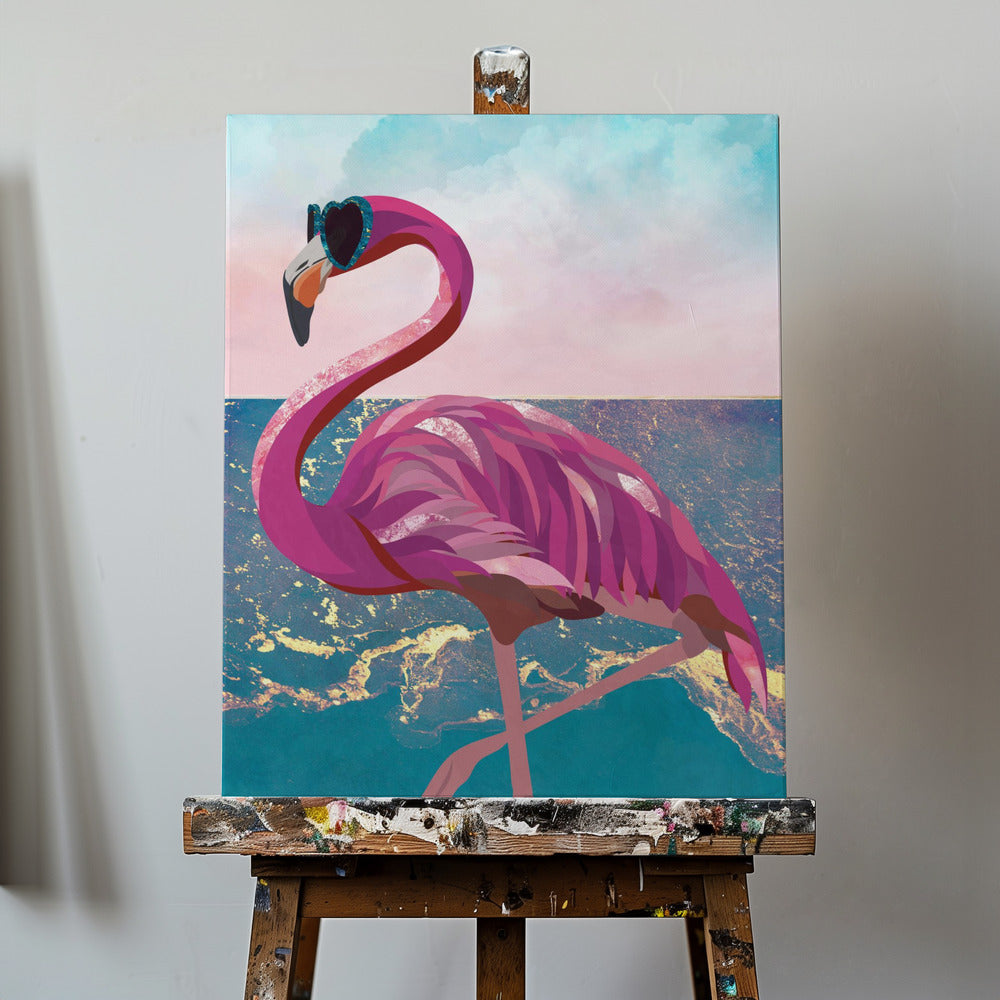Flamingo goes to the beach | Canvas