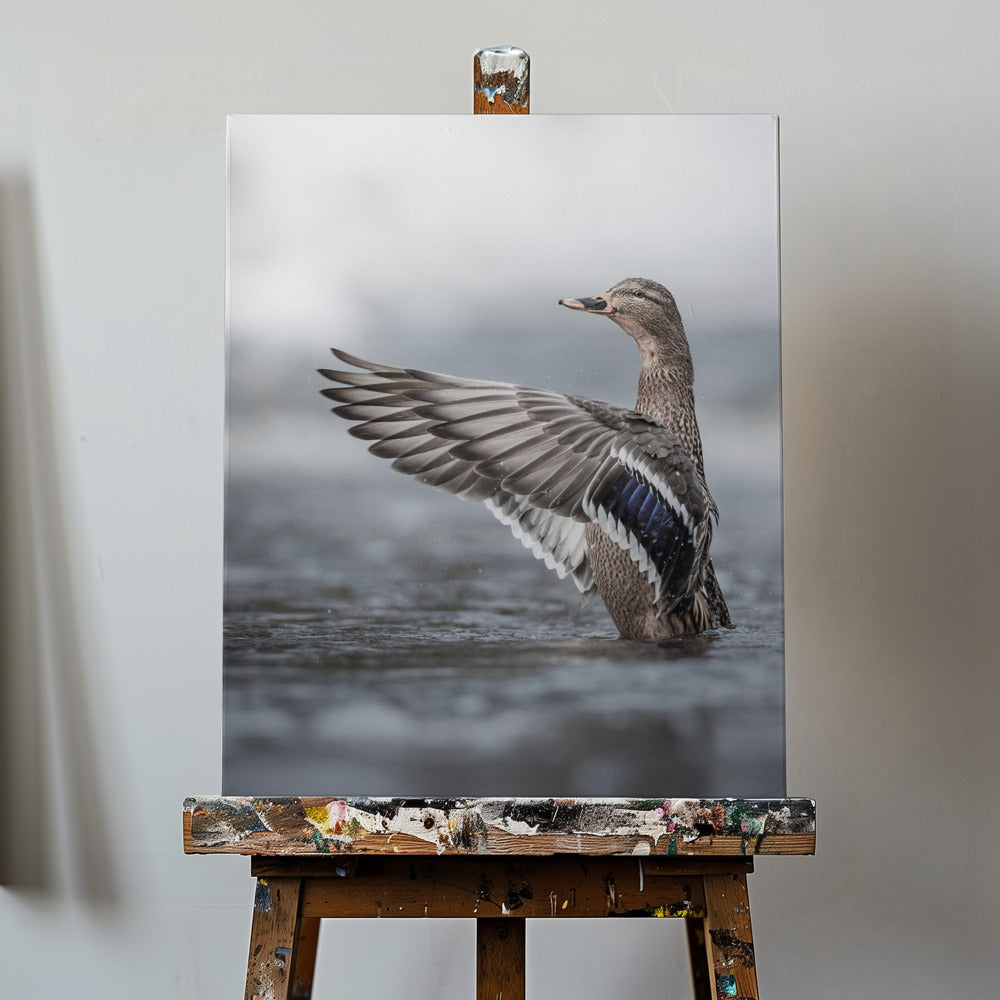 Vrouwtje wilde eend met uitgespreide vleugels | Canvasprints
