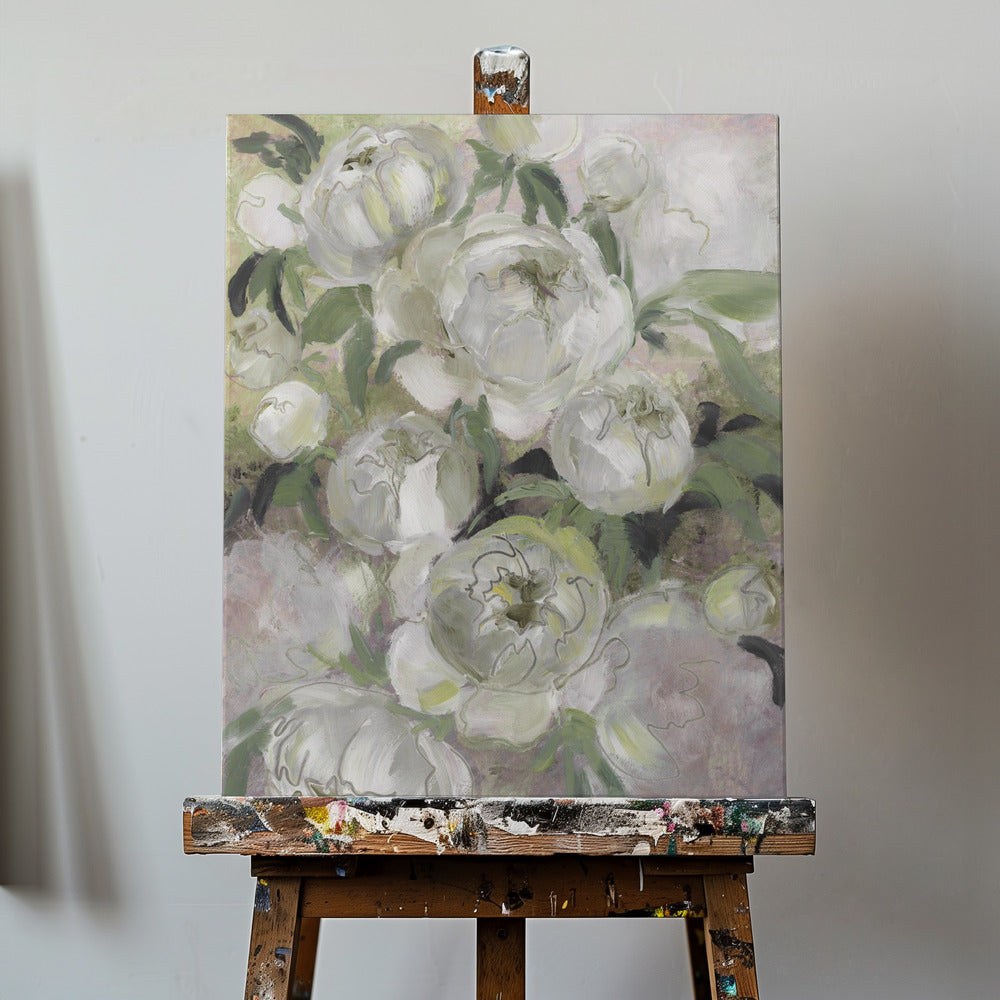 Sorgliga måleriska blommor i grönt | Canvas