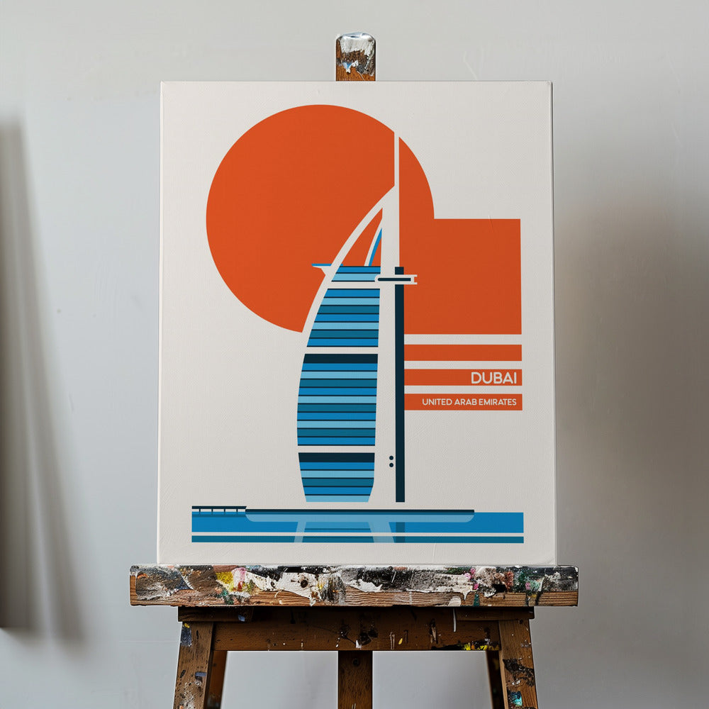 Impresión de viaje retro minimalista del Burj Al Arab de Dubái | Impresiones en Lienzo