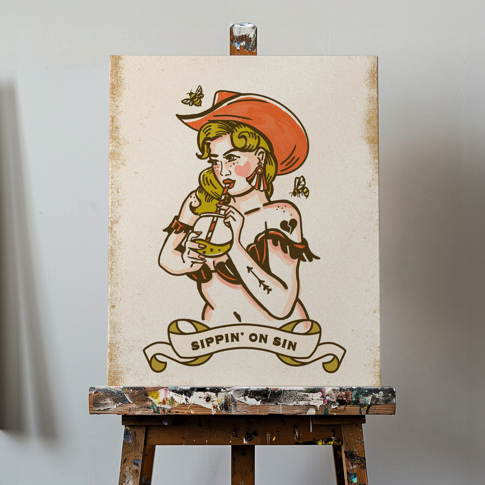 Sippin On Sin Söt & Kaxig Cowgirl Konst | Canvas