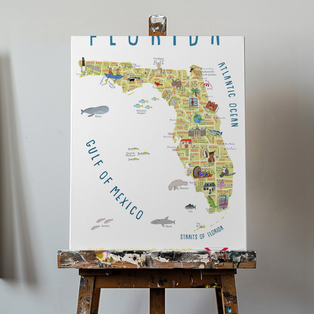 Kuvitettu Floridan kartta taiteilija Carla Dalyn toimesta | Canvastaulut