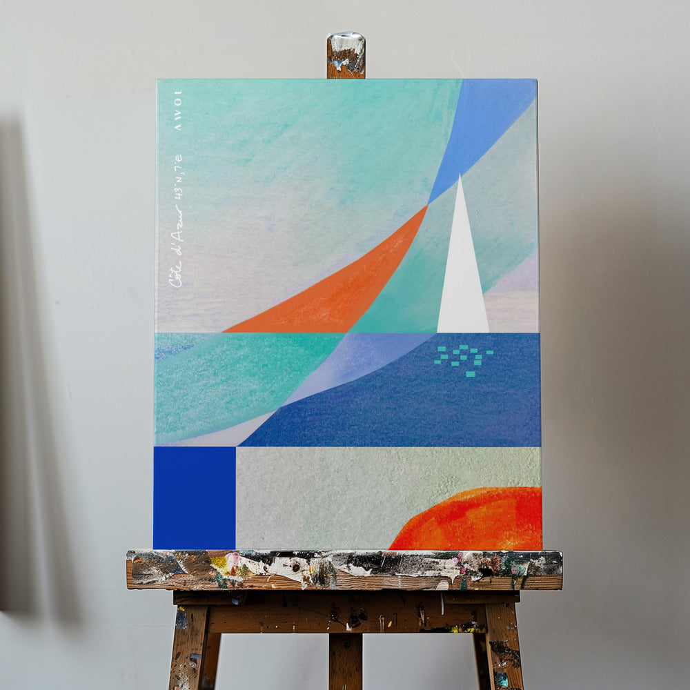 Paysage marin abstrait avec voilier blanc sur la Méditerranée, Côte d'Azur Art mural | Tableaux sur Toile