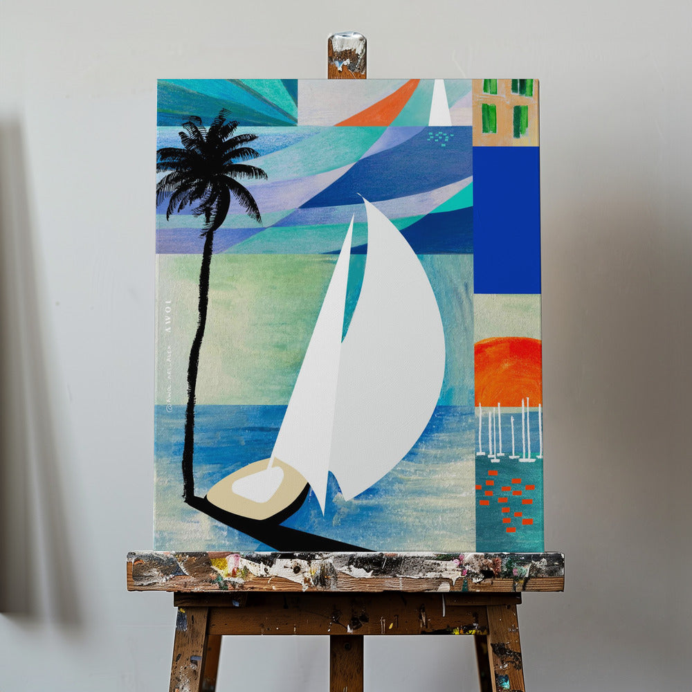 Impression d'art de voyage méditerranéenne colorée avec lever de soleil et palmier | Tableaux sur Toile