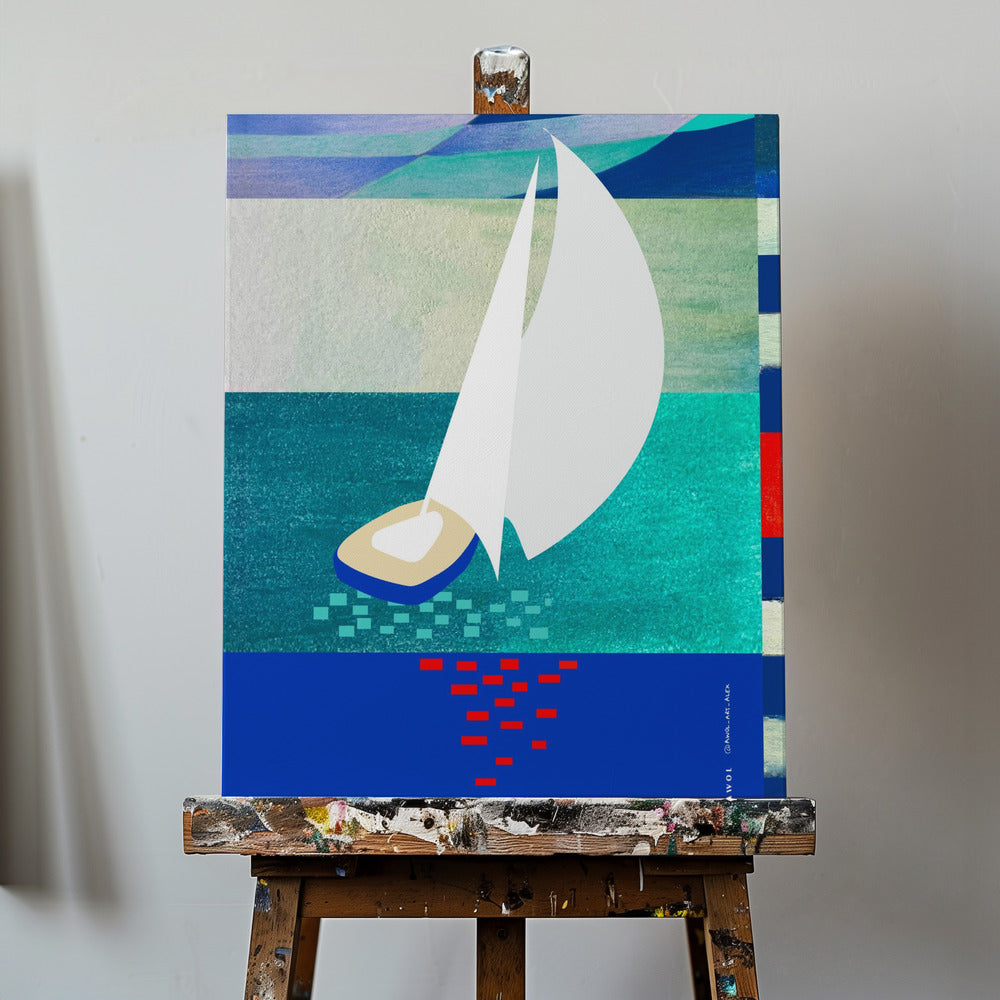 Voilier blanc avec reflets, art marin abstrait avec rayures graphiques | Tableaux sur Toile