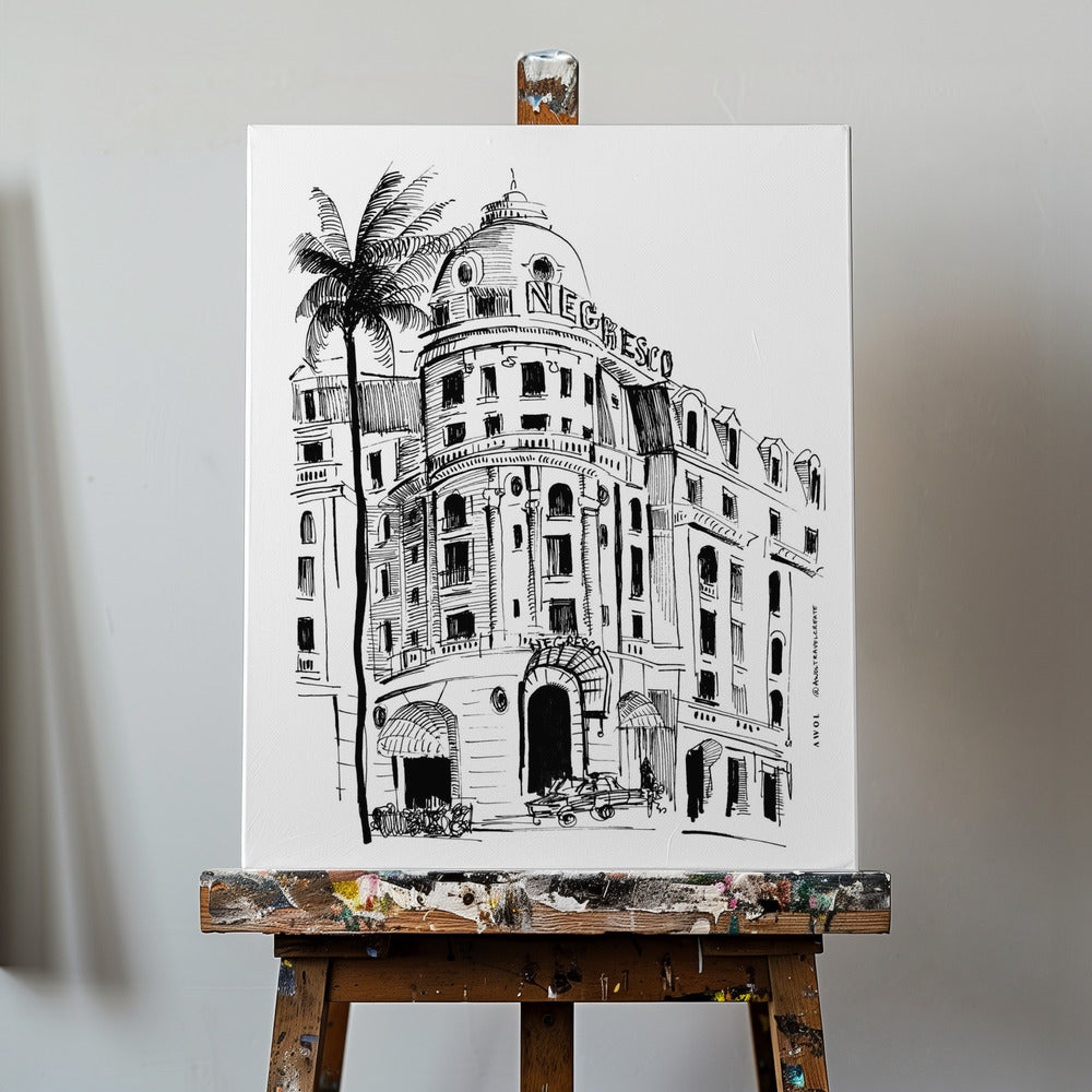 Konsttryck på Nice, Franska Rivieran med arkitektonisk ritning av hotellet Negresco | Canvas