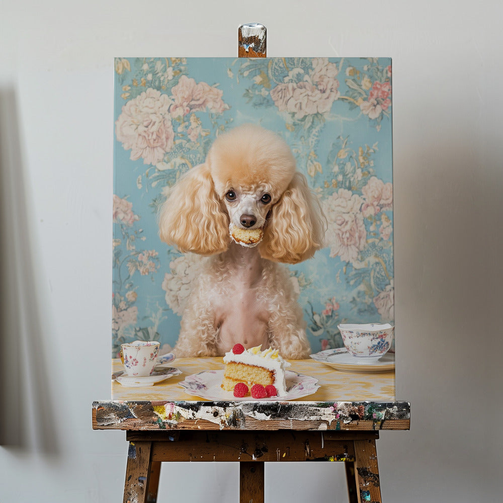 Pudel sitter vid ett vintage tebord | Canvas
