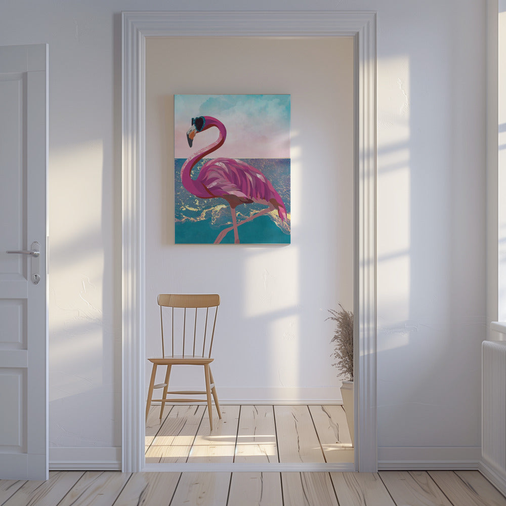 Flamingo goes to the beach | Canvas