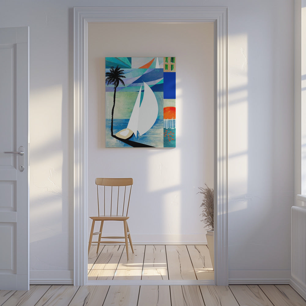 Impression d'art de voyage méditerranéenne colorée avec lever de soleil et palmier | Tableaux sur Toile