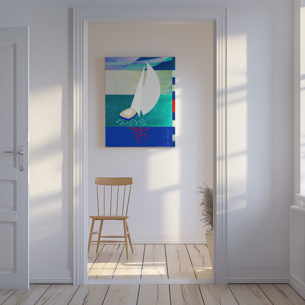 Voilier blanc avec reflets, art marin abstrait avec rayures graphiques | Tableaux sur Toile