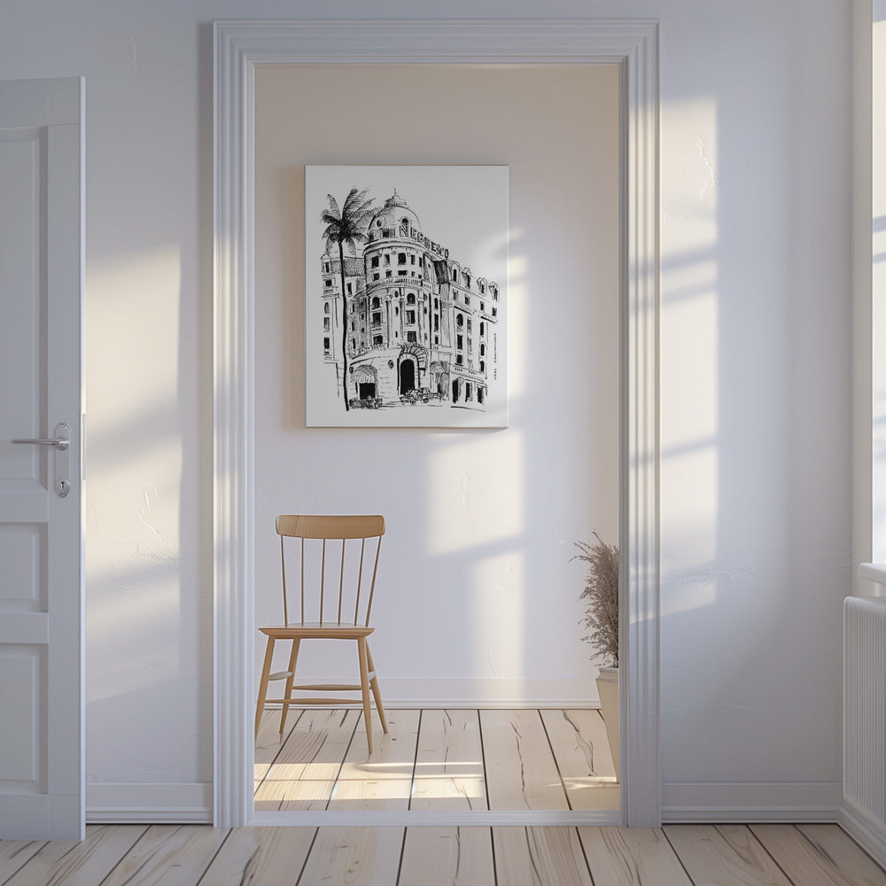 Konsttryck på Nice, Franska Rivieran med arkitektonisk ritning av hotellet Negresco | Canvas