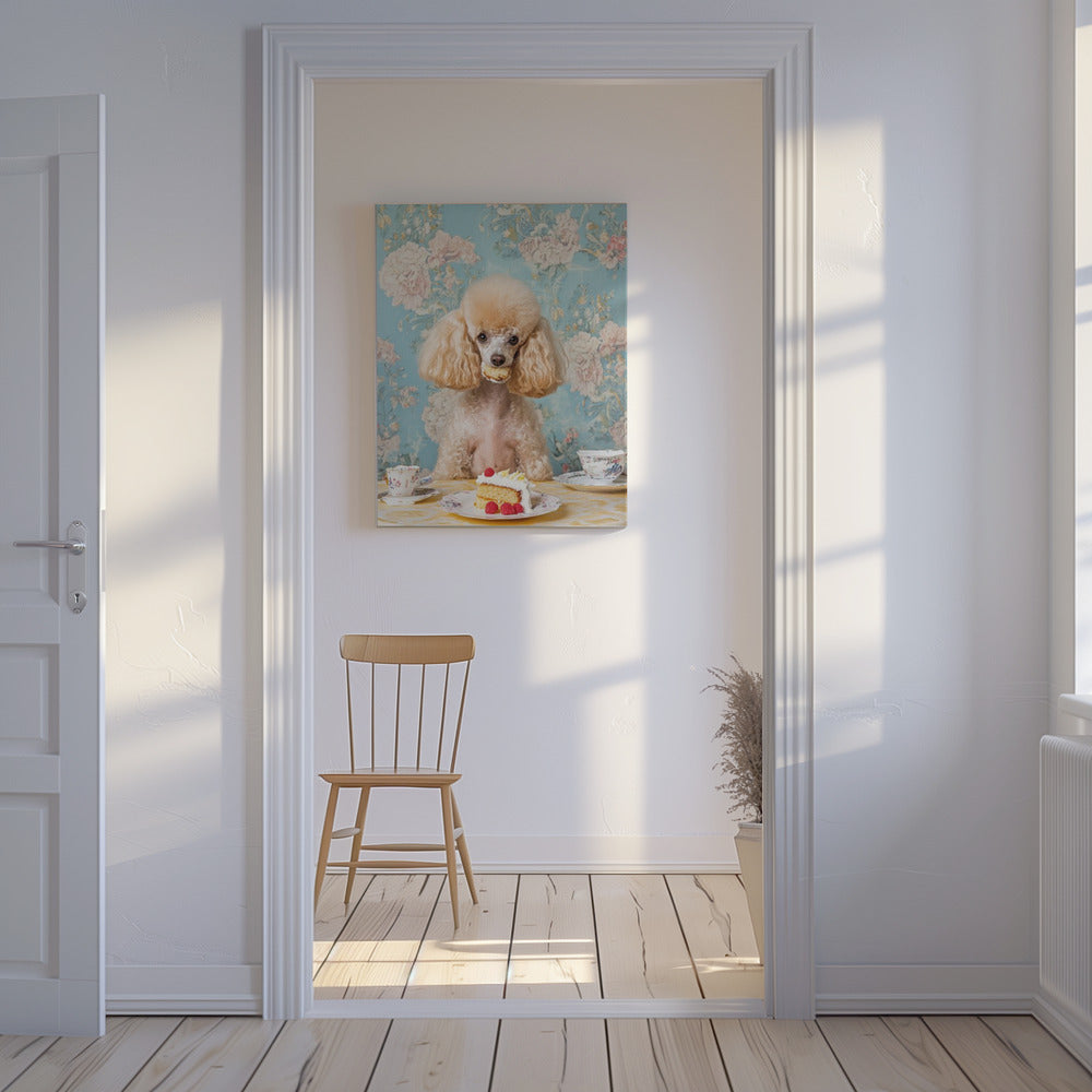 Pudel sitter vid ett vintage tebord | Canvas