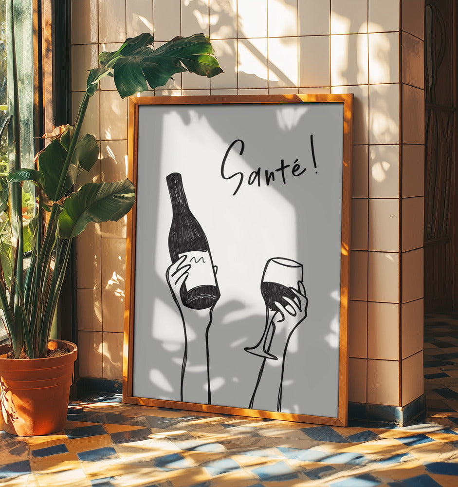 Hands holding a wine bottle and a wine glass with the text "Cheers!" in French | Poster