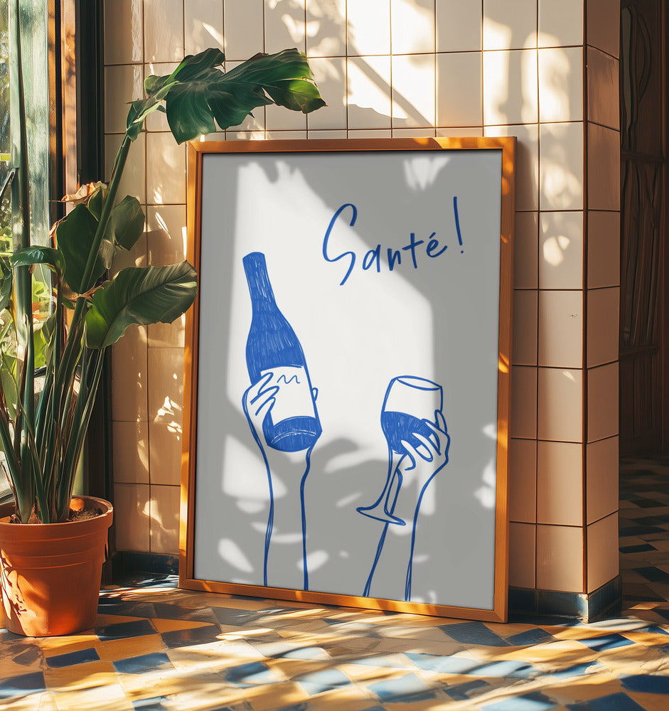 Hände halten eine Weinflasche und ein Weinglas mit dem Text „Prost!“ auf Französisch | Poster