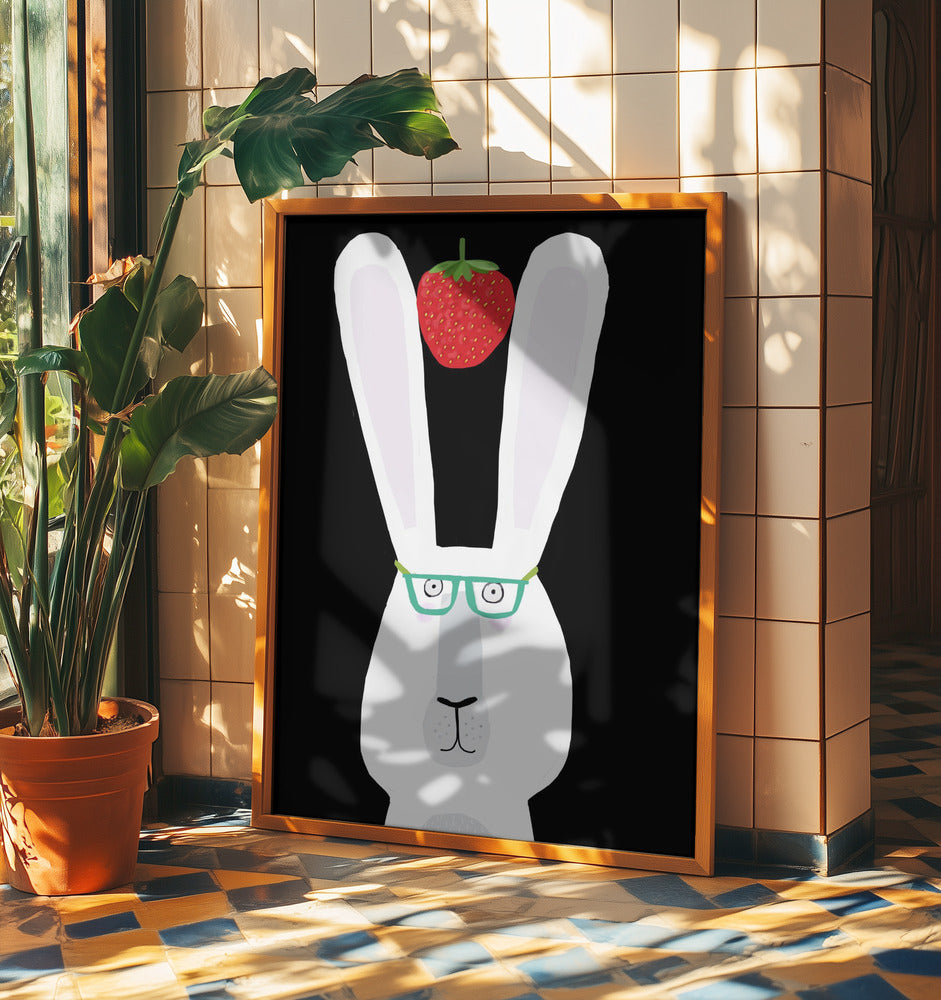 Cute White Rabbit with Strawberry by Artist Carla Daly | Poster