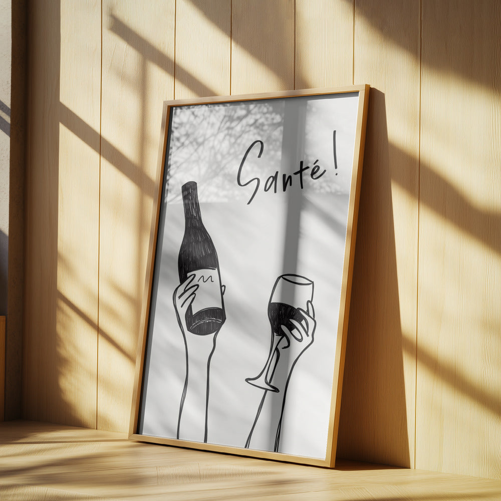 Hands holding a wine bottle and a wine glass with the text "Cheers!" in French | Poster