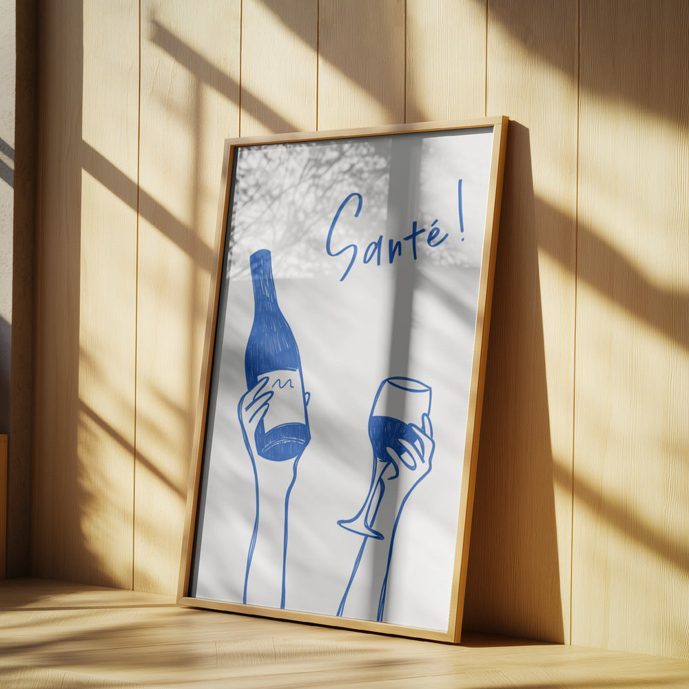 Hände halten eine Weinflasche und ein Weinglas mit dem Text „Prost!“ auf Französisch | Poster