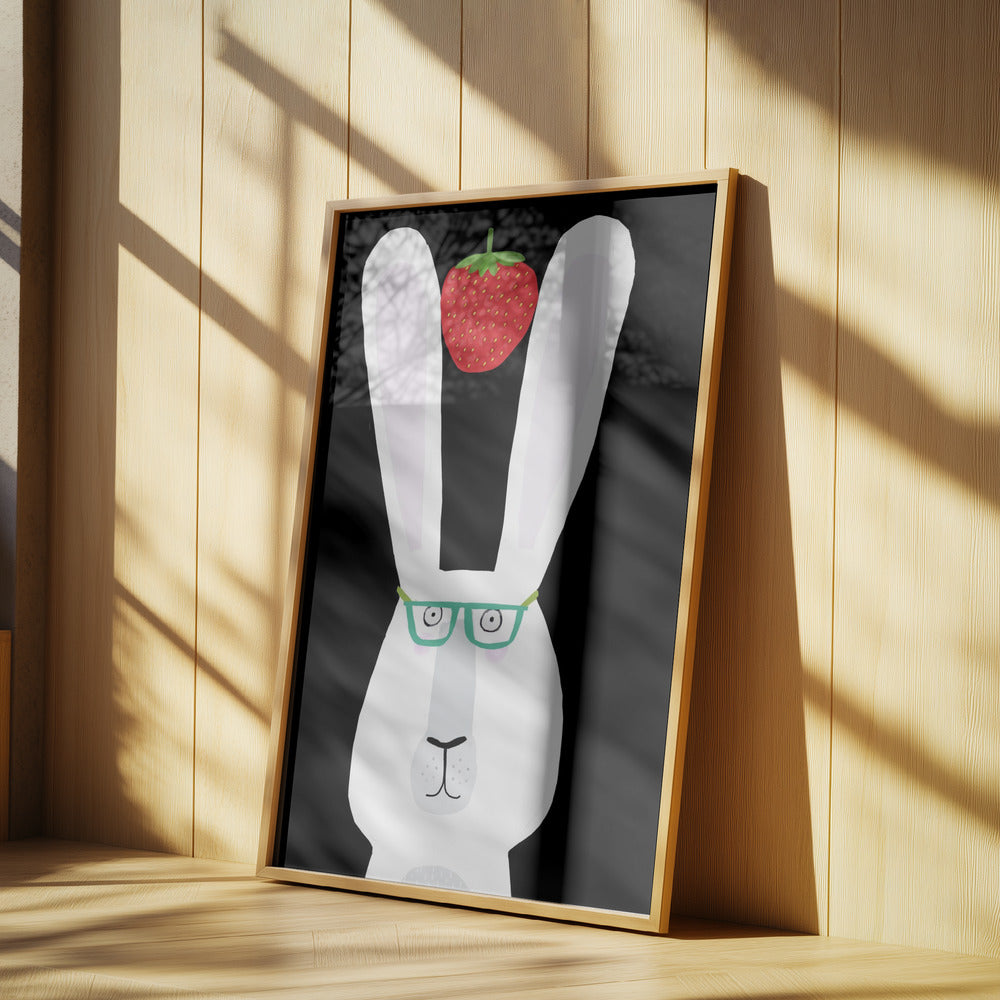 Cute White Rabbit with Strawberry by Artist Carla Daly | Poster